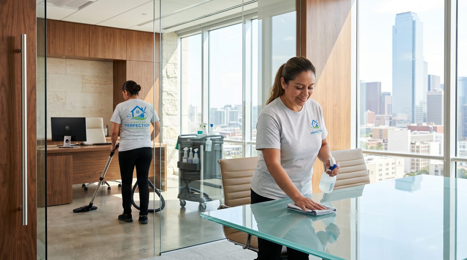 A Canales Perfection team member cleaning the floor-to-ceiling windows of a modern high-rise office with a city skyline view.